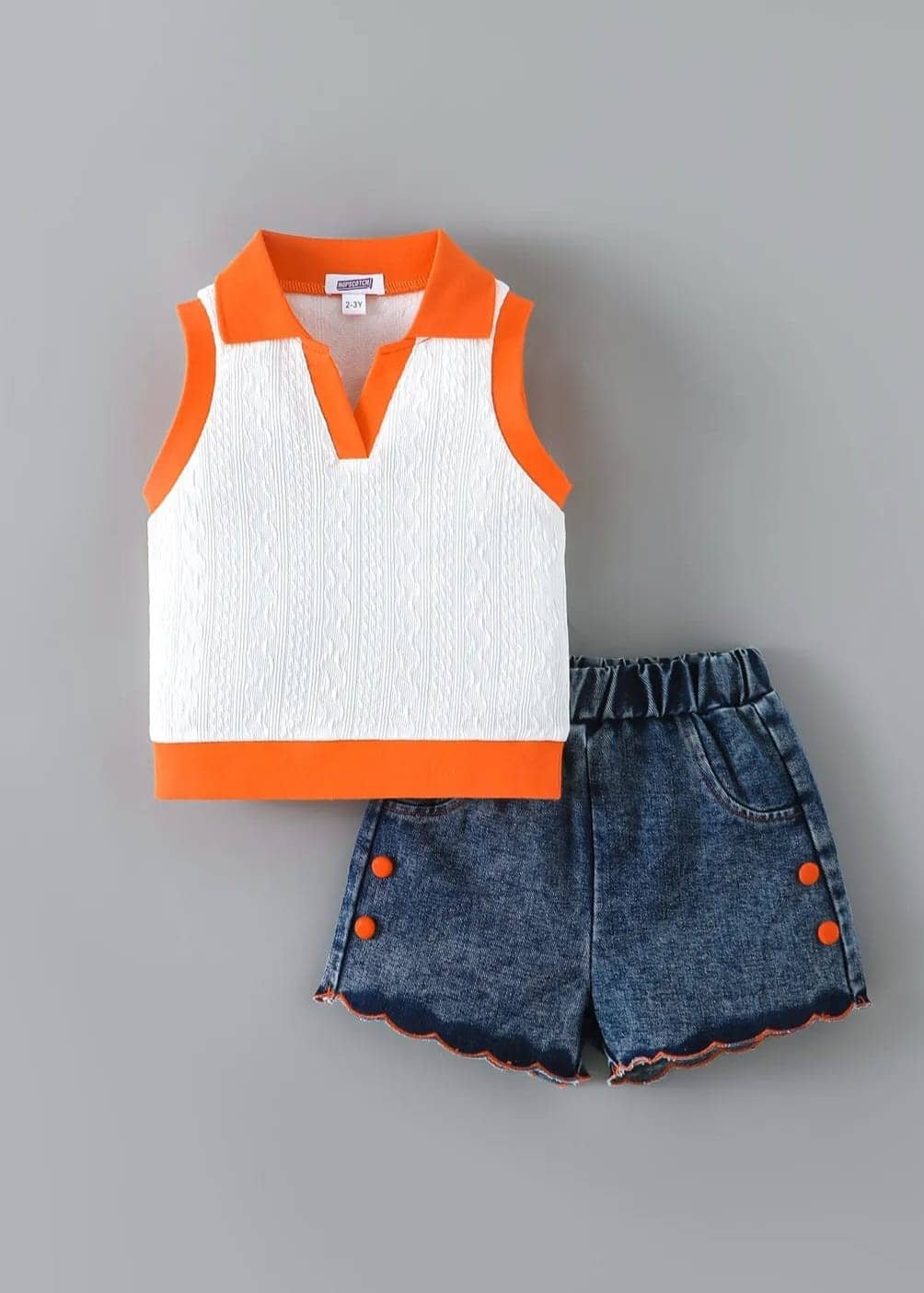 Naina Dresses Girls Denim T-shirt & Shorts Set ( White & Blue , Pack of 1 )