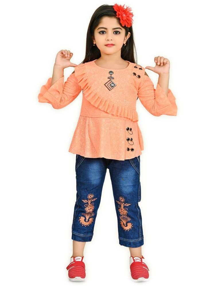 Pack of 1 Girls Linen Top With Jeans ( Orange )