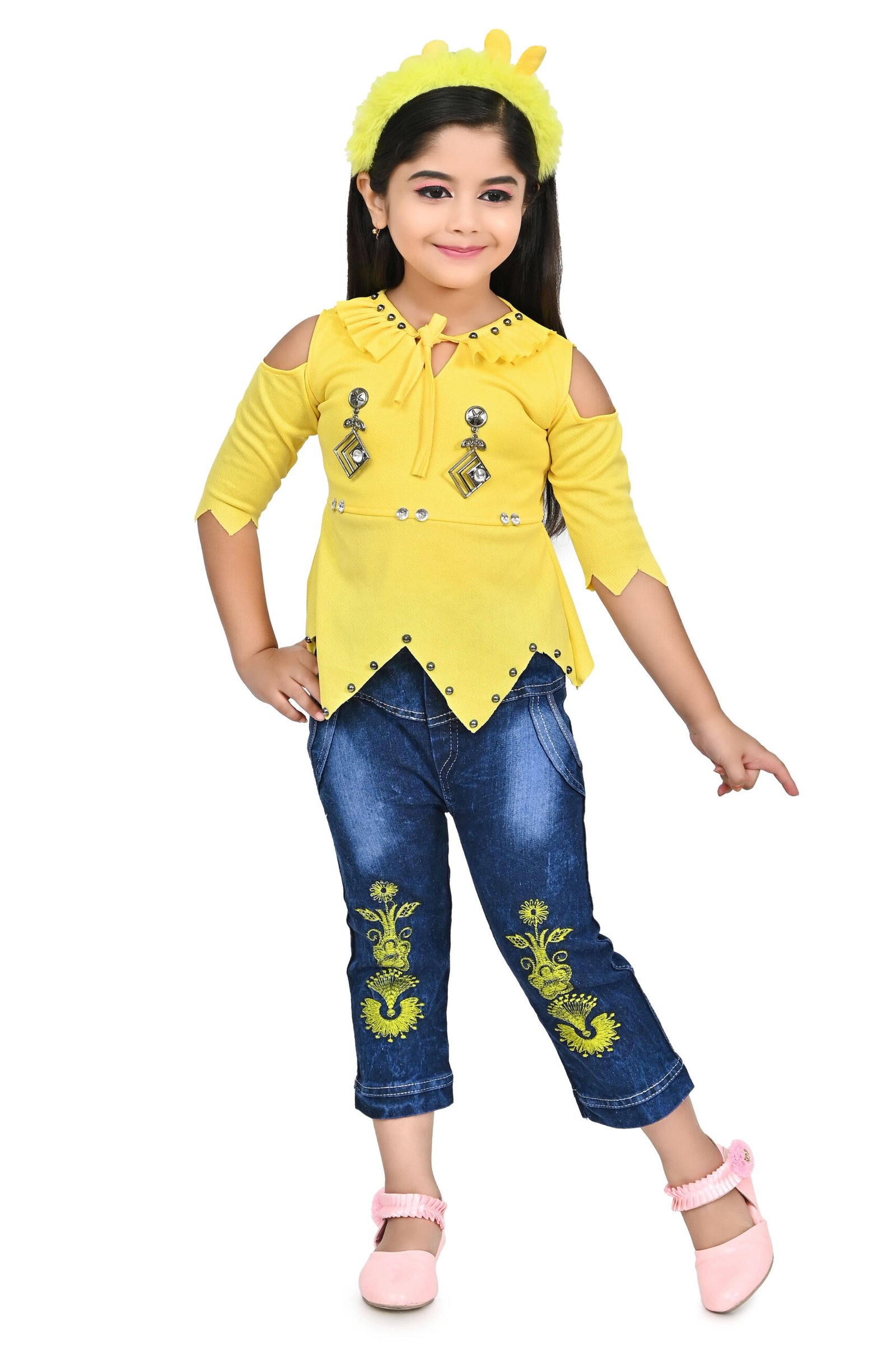 Pack of 1 Girls Linen Top With Jeans ( Pink )