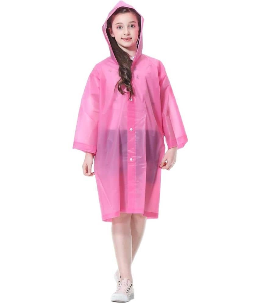 Kid's Reusable Rain Poncho Raincoat| Rain Jackets Long with Hood Pink Color Raincoat pack of 1_9 - 10 Years