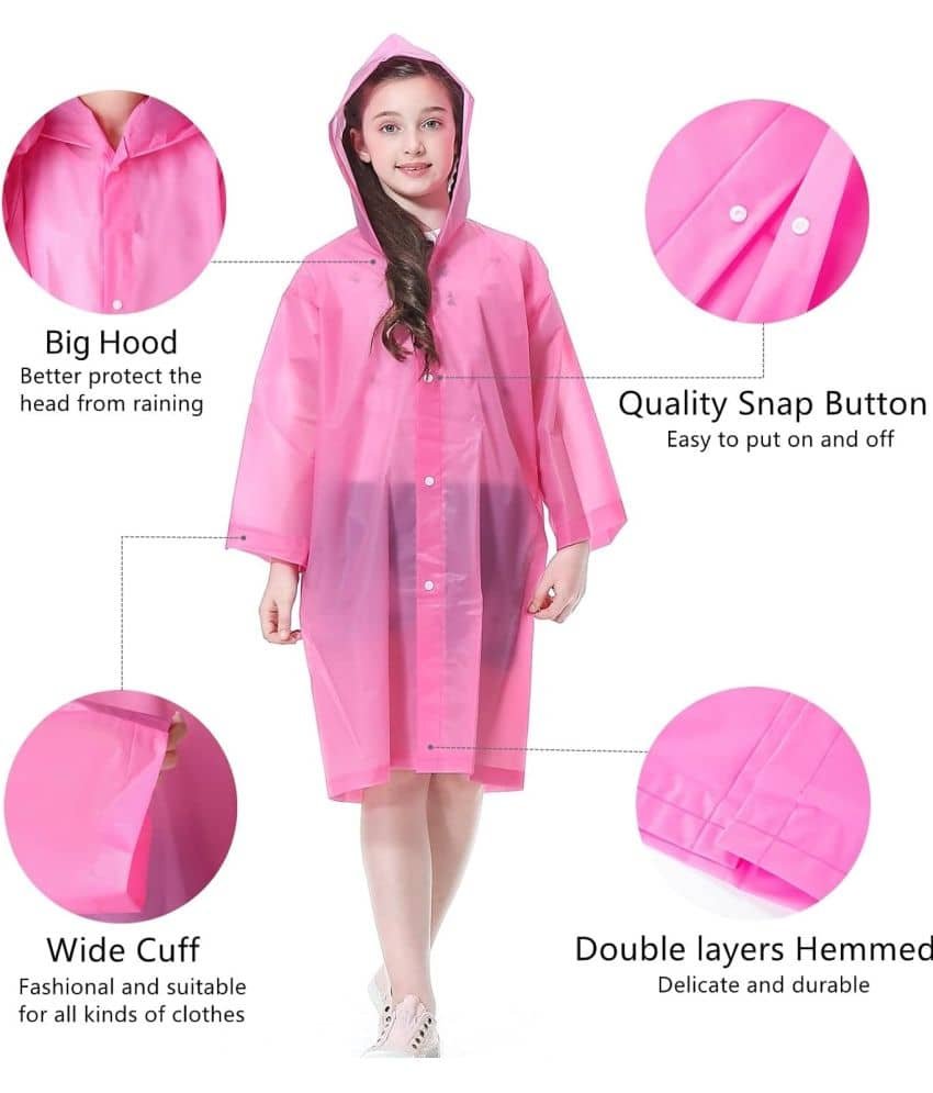 Kid's Reusable Rain Poncho Raincoat| Rain Jackets Long with Hood Pink Color Raincoat pack of 1_9 - 10 Years - Image 3