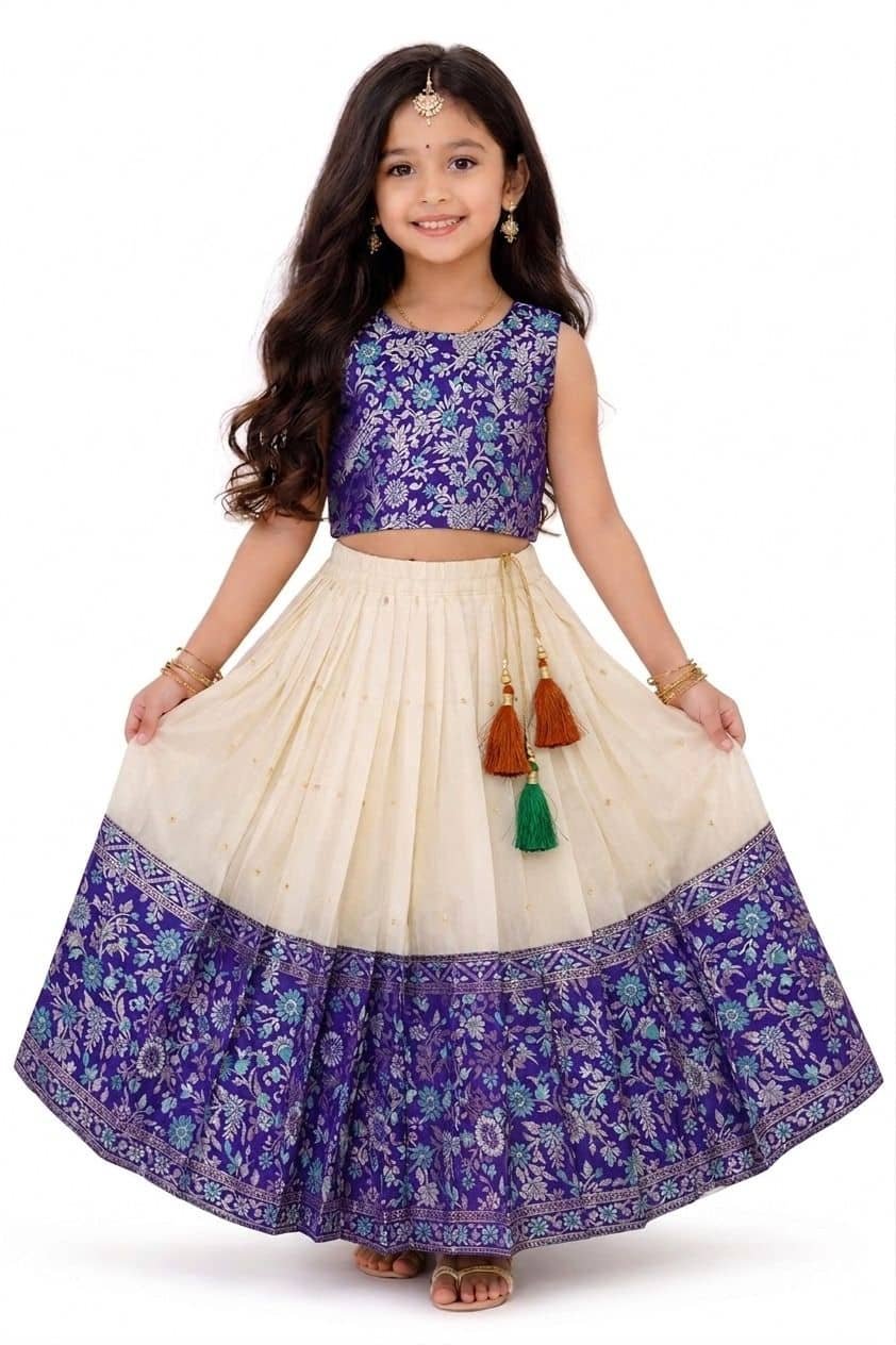 Jacquard Lehenga Choli Set For Girls ( Pack of 1 , Navy Blue )