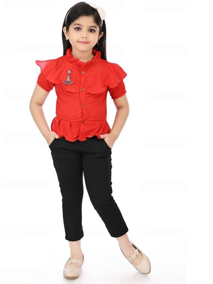 Pack of 1 Girls Crepe Top With Pants ( Red )