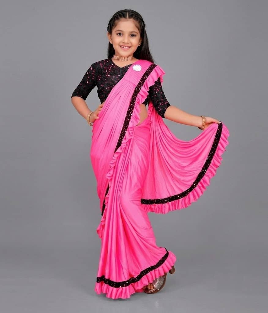 Lycra Ready To Wear Saree For Girls ( Pink , Pack of 1 )