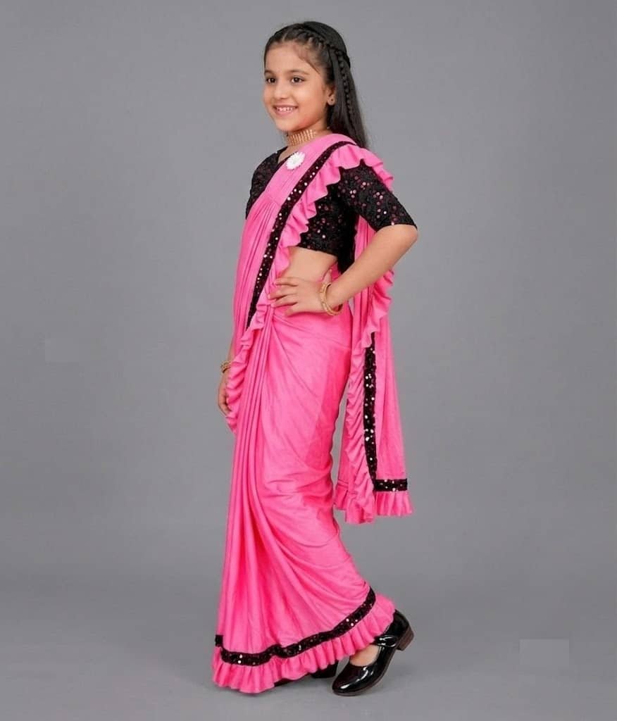 Lycra Ready To Wear Saree For Girls ( Pink , Pack of 1 ) - Image 3