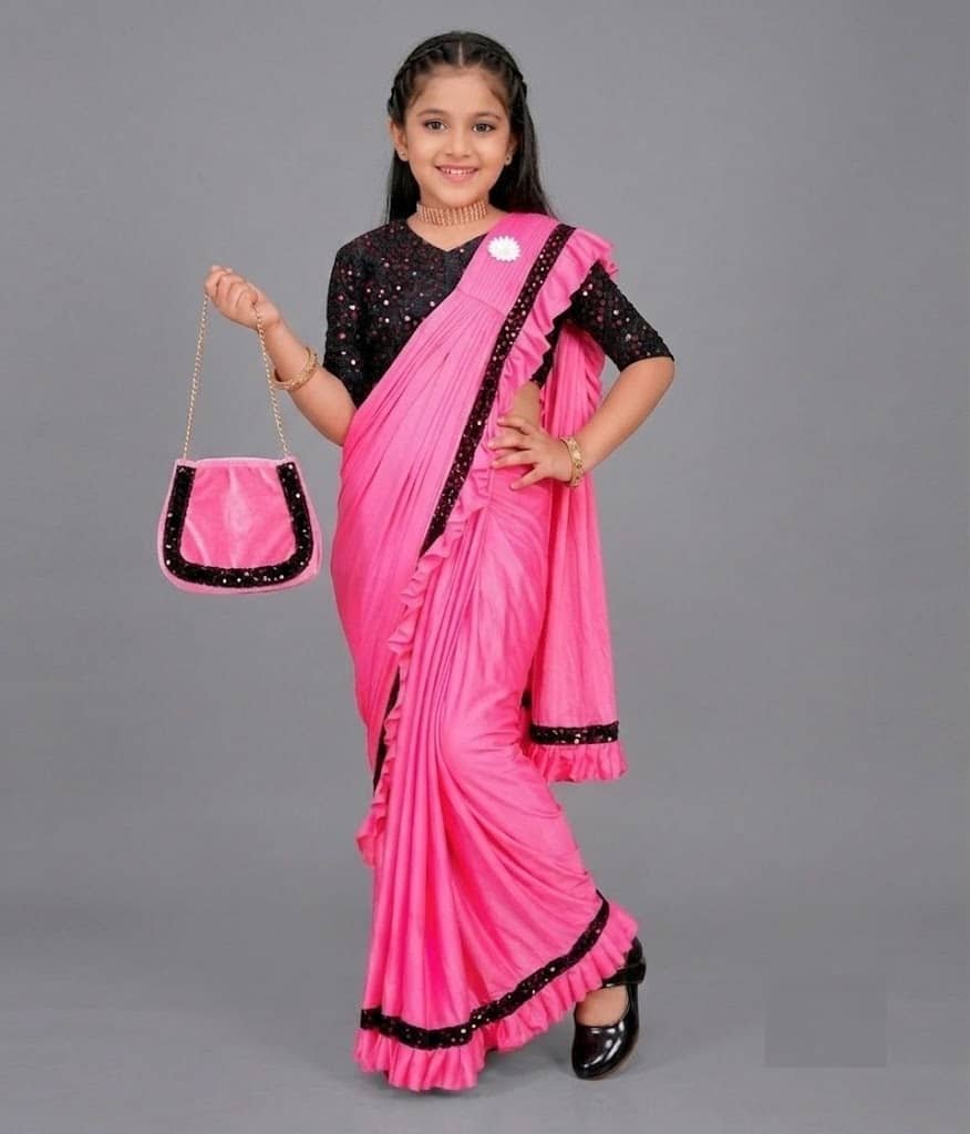 Lycra Ready To Wear Saree For Girls ( Pink , Pack of 1 ) - Image 4