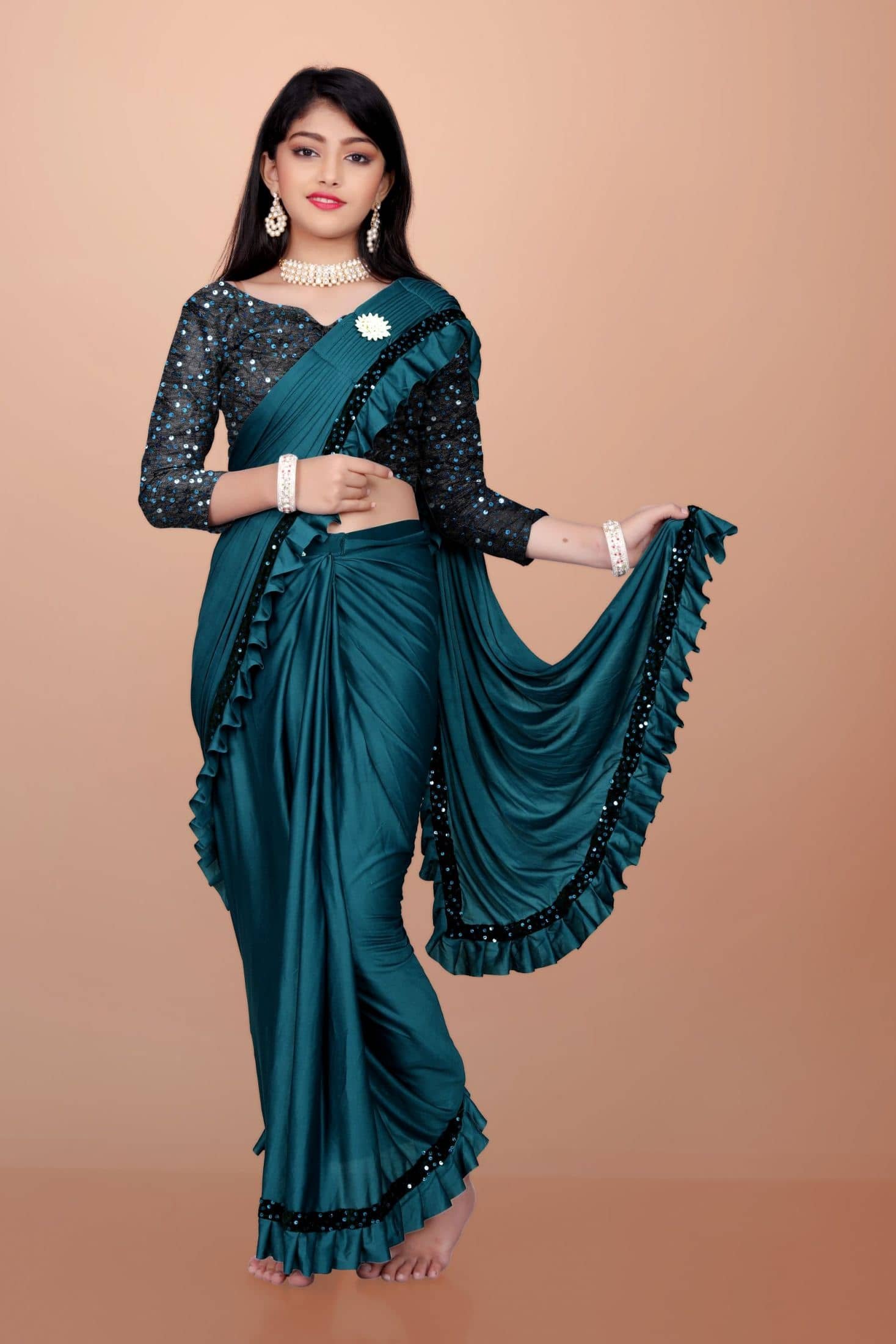 Lycra Saree For Girls ( Teal , Pack of 1 )
