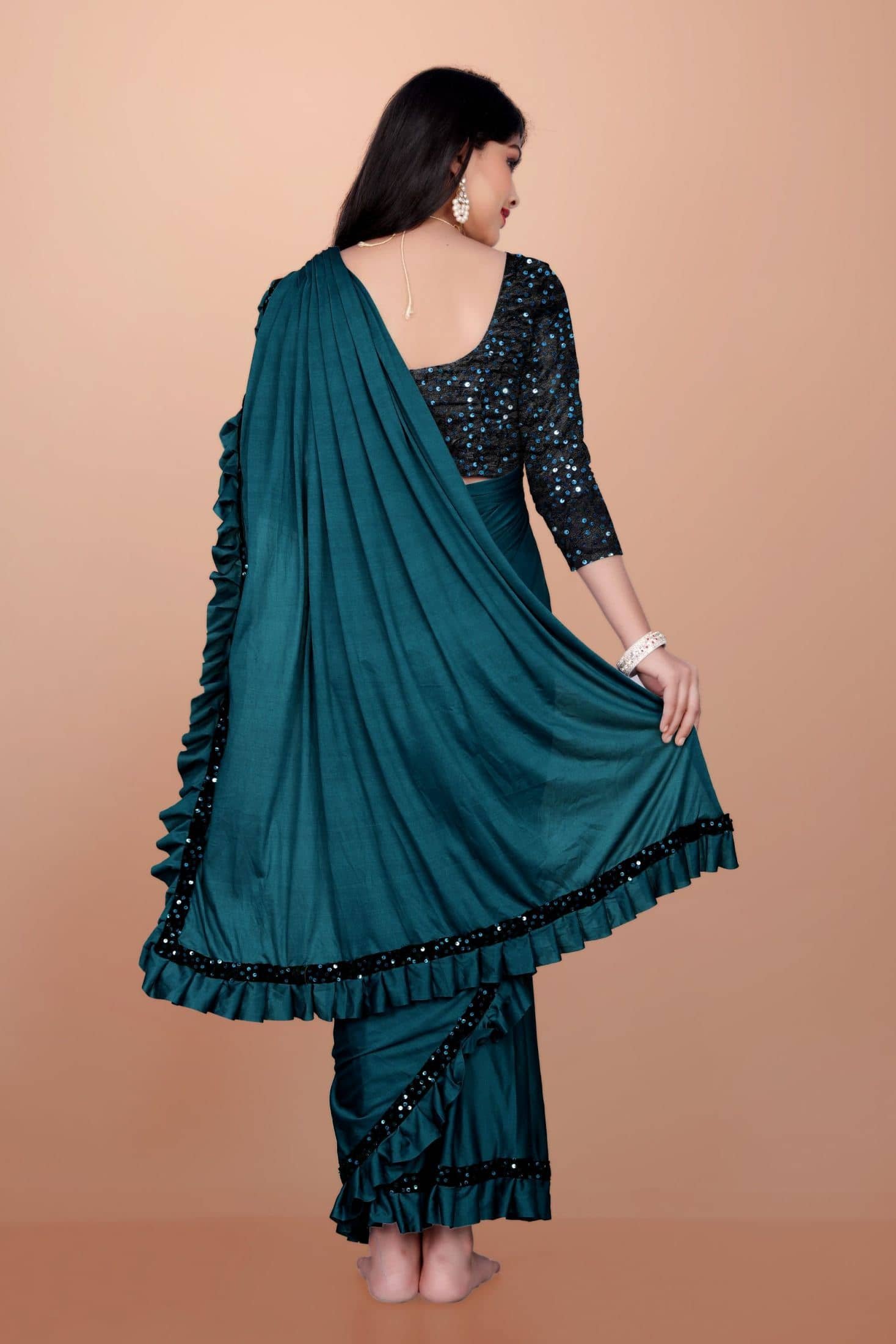 Lycra Saree For Girls ( Teal , Pack of 1 ) - Image 2