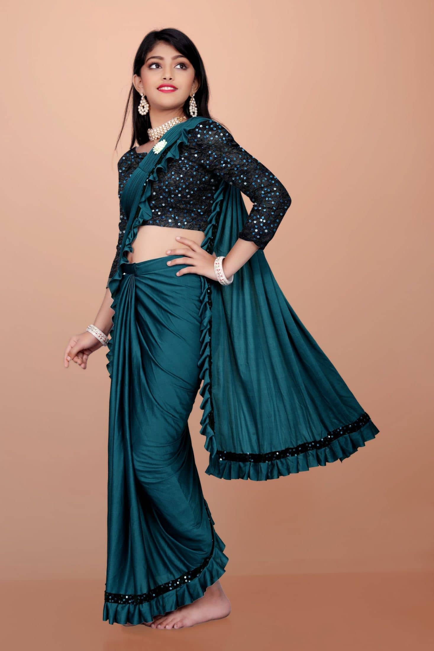 Lycra Saree For Girls ( Teal , Pack of 1 ) - Image 3