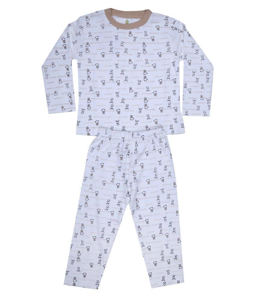 Pack of 1 Boys 100% Cotton Nightsuit Set ( White )