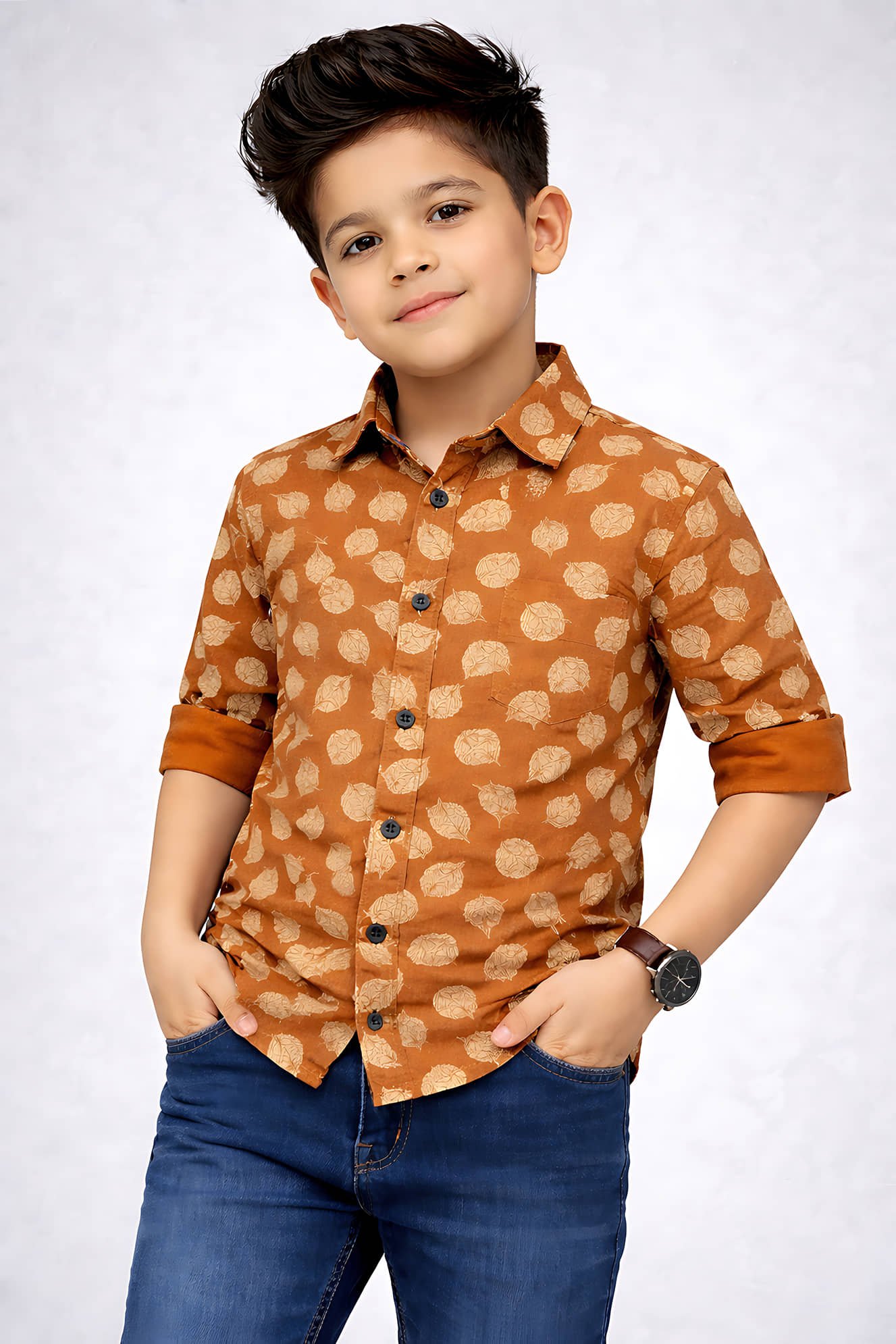 Pack of 1 Boys 100% Cotton Full Sleeves Shirt ( Golden Brown )