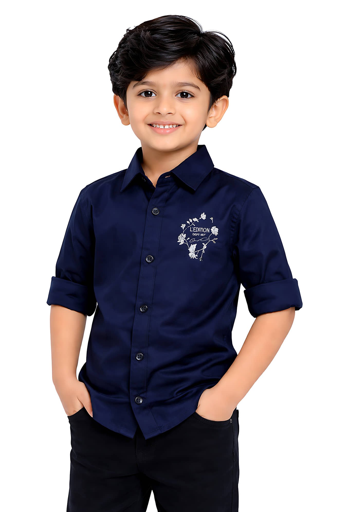 Pack of 1 Boys 100% Cotton Full Sleeves Shirt ( Navy Blue ) - Image 4