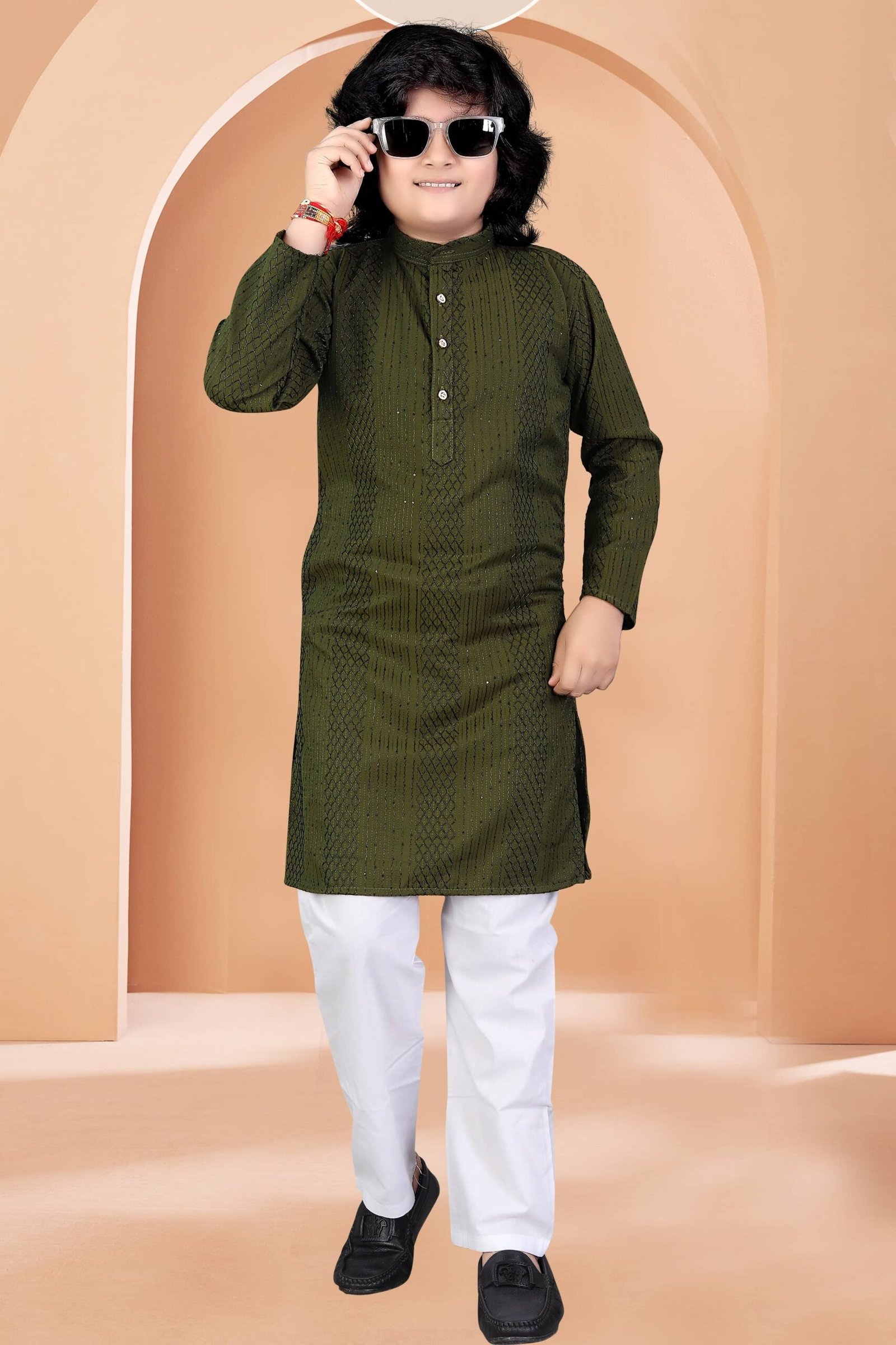 Boys Cotton Blend Green Kurta Pyjama Set ( Pack of 1 )