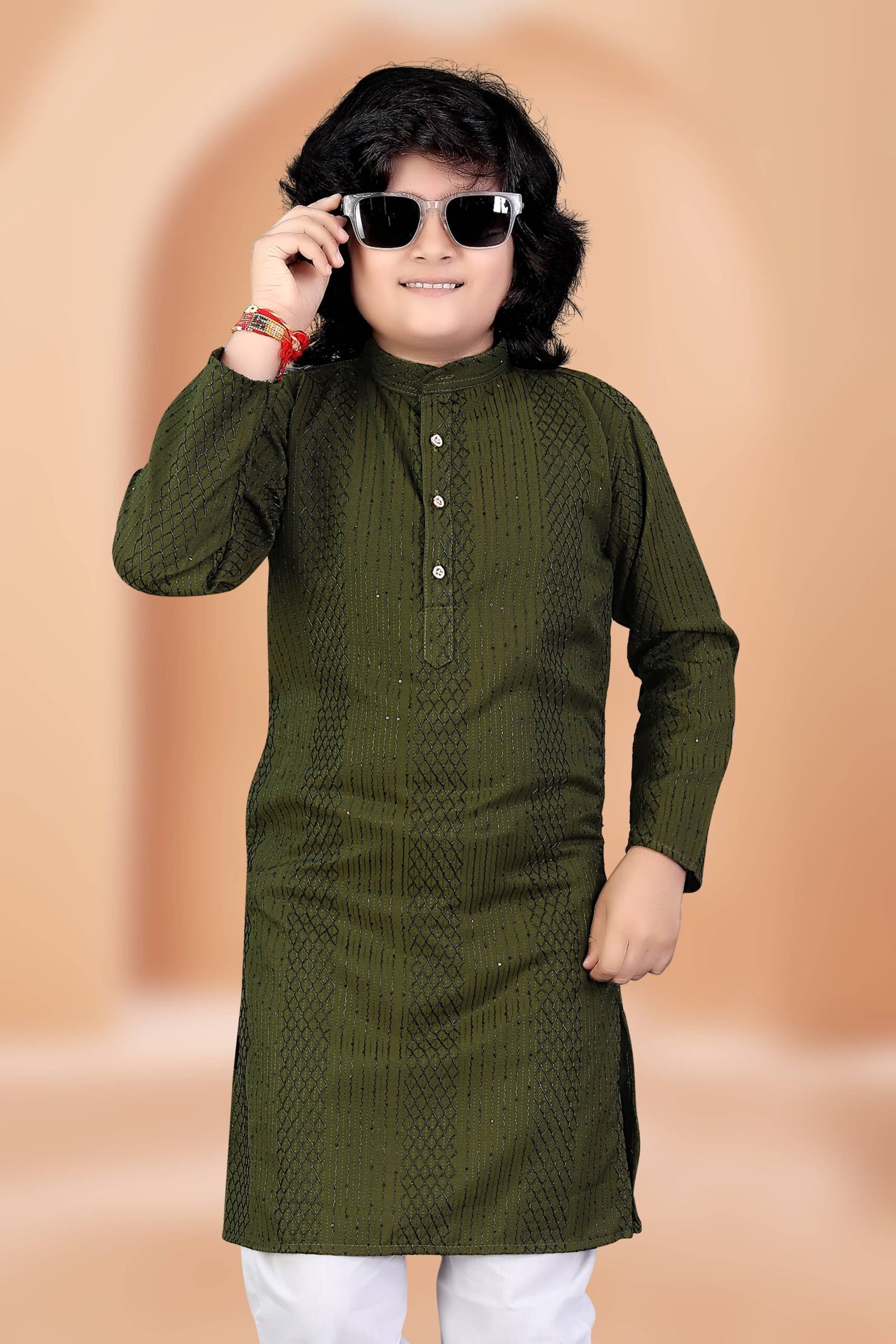 Boys Cotton Blend Green Kurta Pyjama Set ( Pack of 1 ) - Image 2