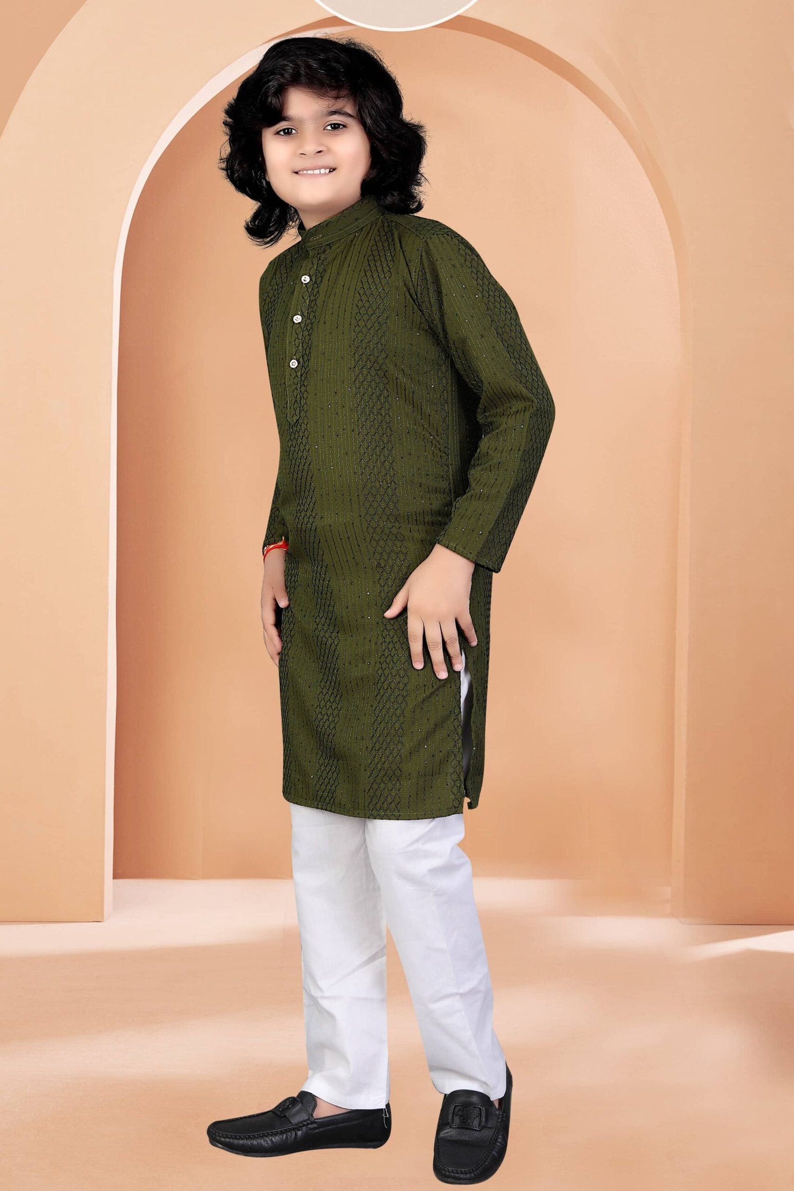Boys Cotton Blend Green Kurta Pyjama Set ( Pack of 1 ) - Image 5