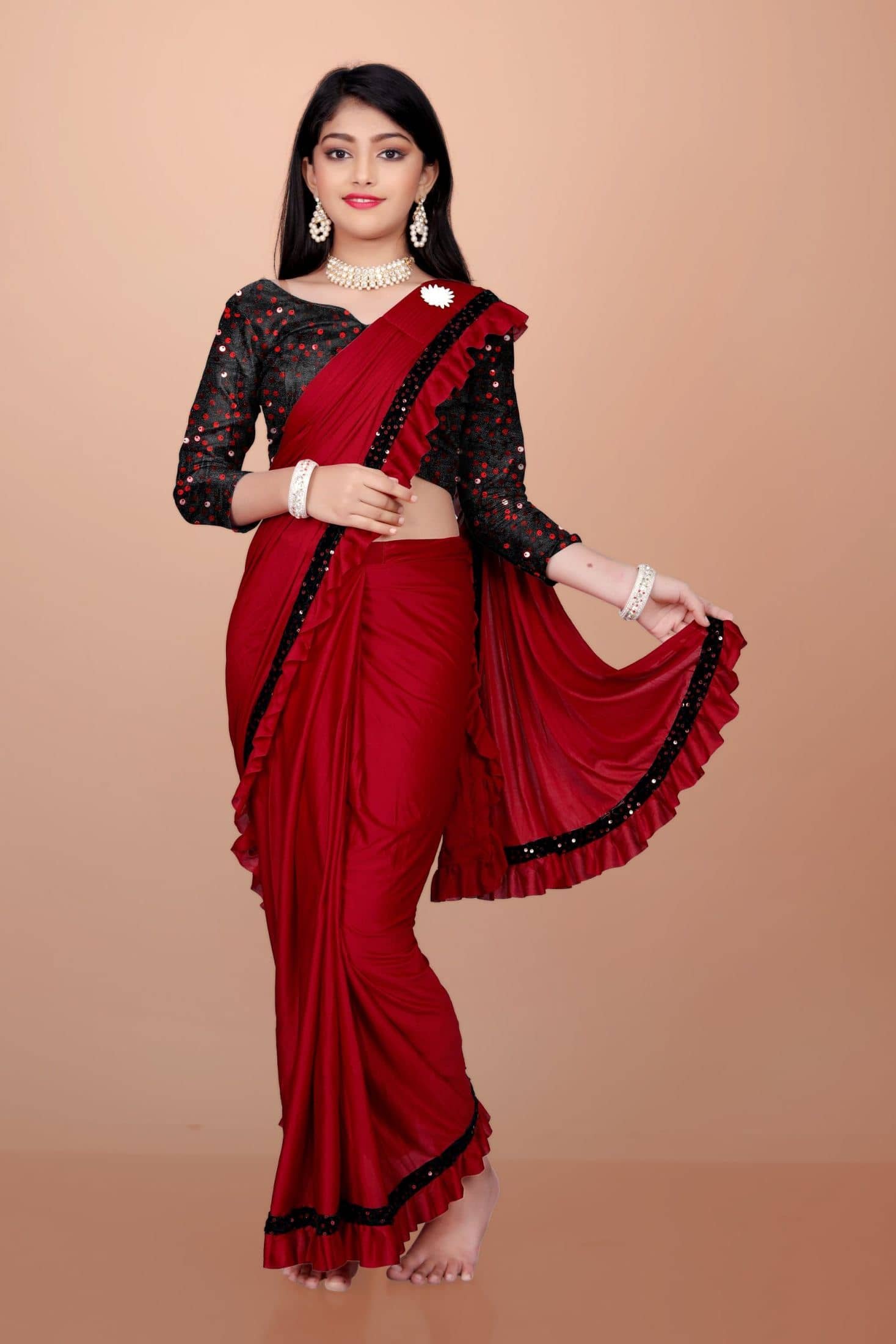 Fashion Lycra Ready To Wear Saree For Baby Girls ( Red , Pack of 1 )