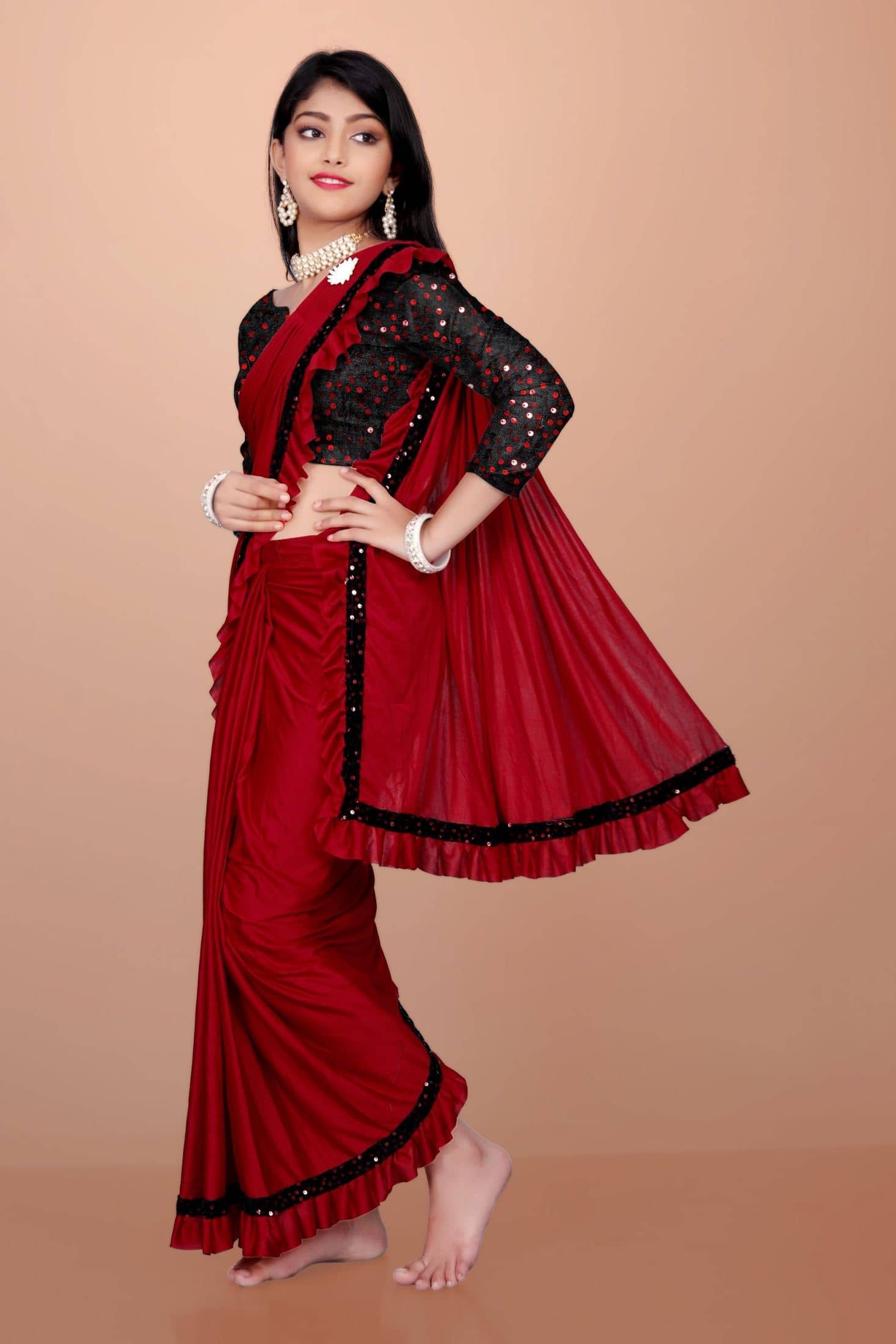 Fashion Lycra Ready To Wear Saree For Baby Girls ( Red , Pack of 1 ) - Image 3