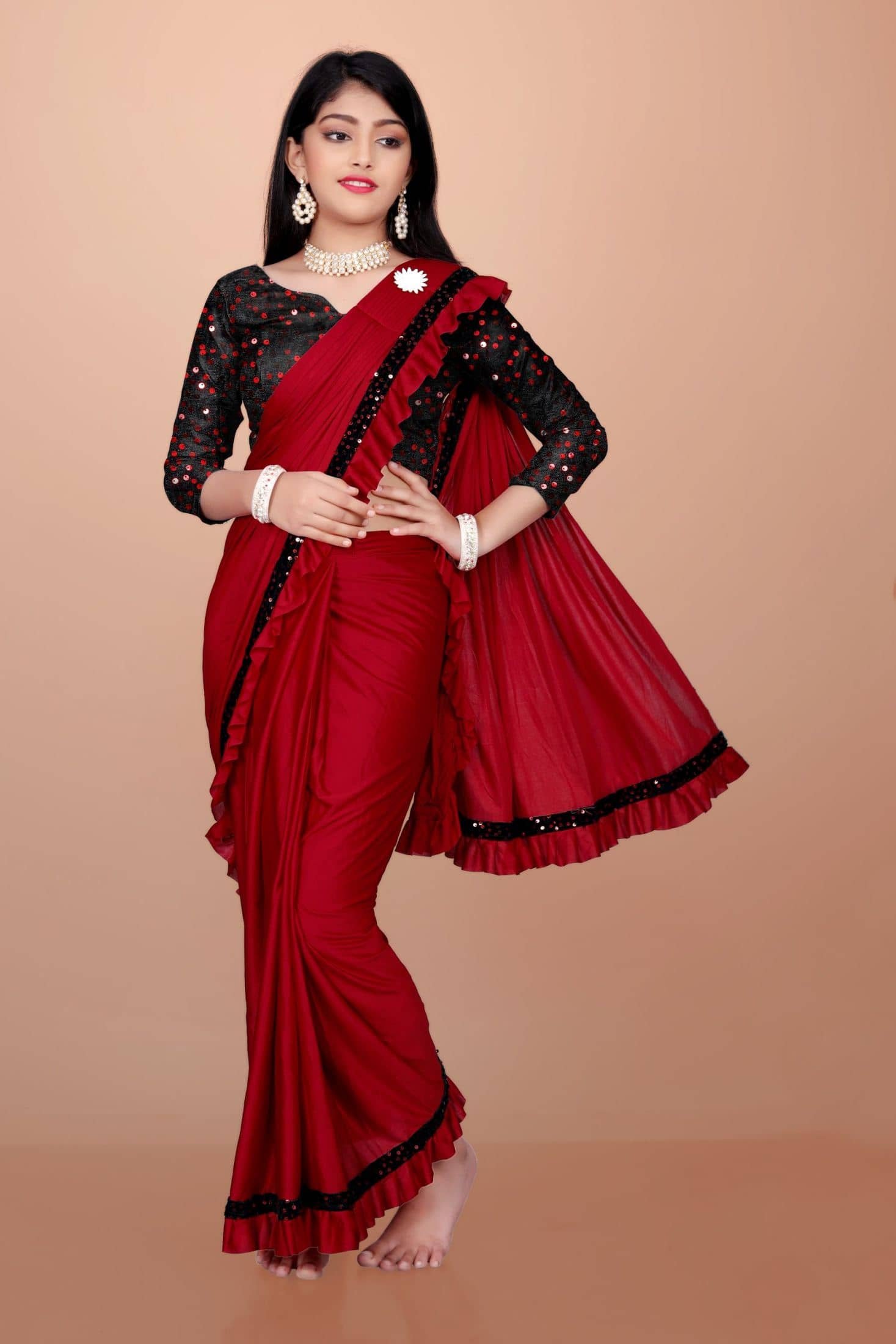 Fashion Lycra Ready To Wear Saree For Baby Girls ( Red , Pack of 1 ) - Image 4