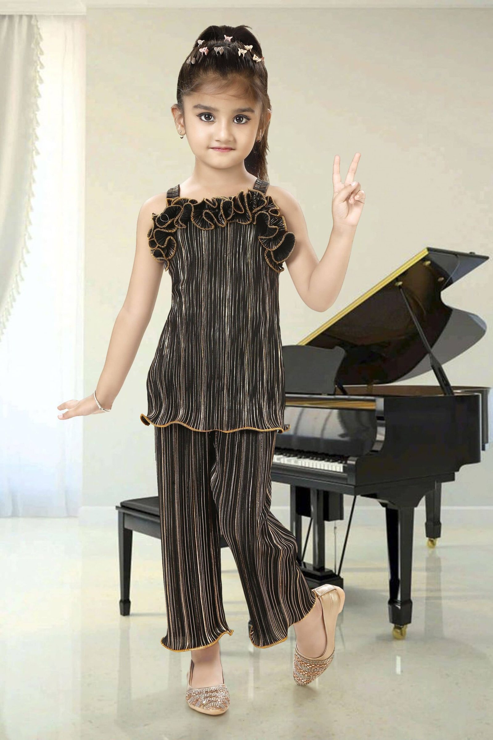 Kaarigari Polyester Blend Striped Top With Trouser Co-Ord Set For Girls ( Black )