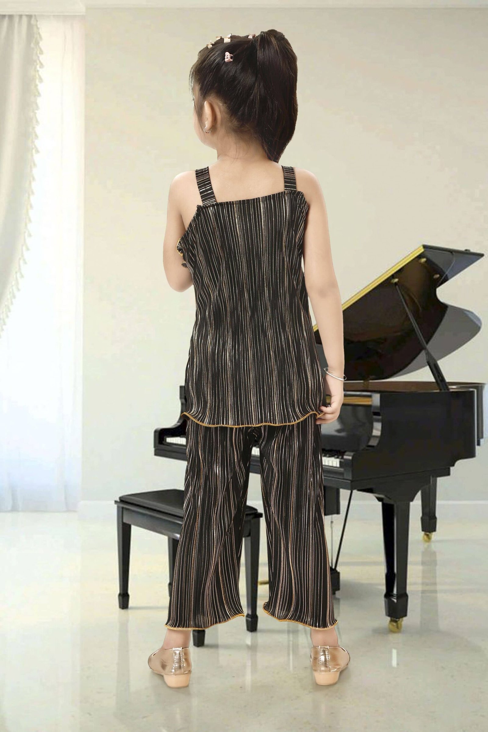 Kaarigari Polyester Blend Striped Top With Trouser Co-Ord Set For Girls ( Black ) - Image 2