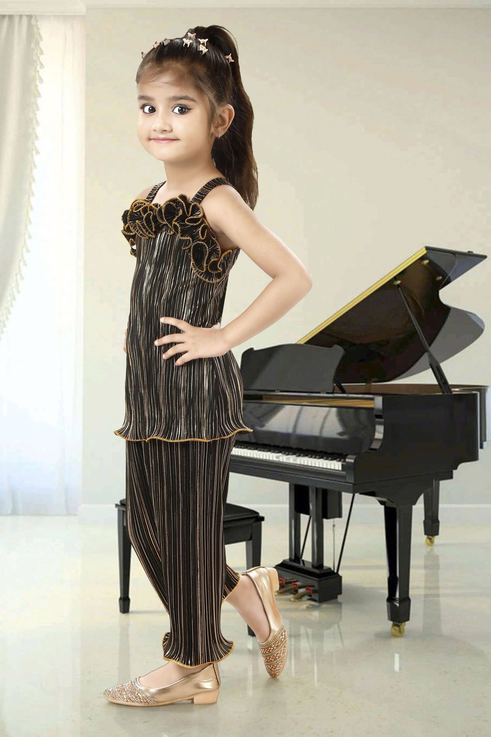 Kaarigari Polyester Blend Striped Top With Trouser Co-Ord Set For Girls ( Black ) - Image 3