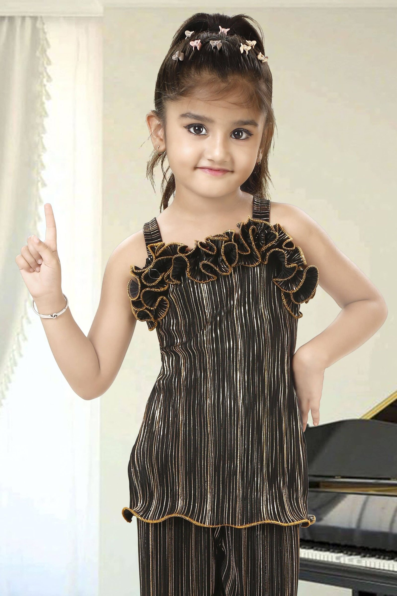 Kaarigari Polyester Blend Striped Top With Trouser Co-Ord Set For Girls ( Black ) - Image 4