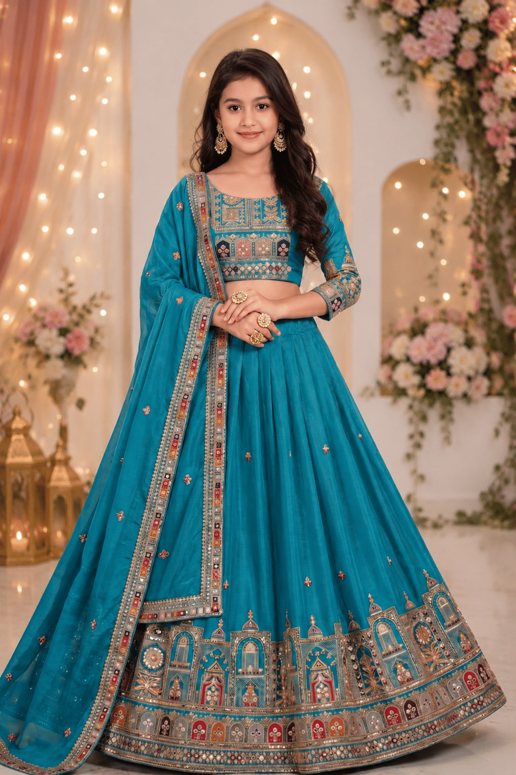 Keyura Chanderi Lehenga Choli Set For Girls ( Pack of 1 , Turquoise )