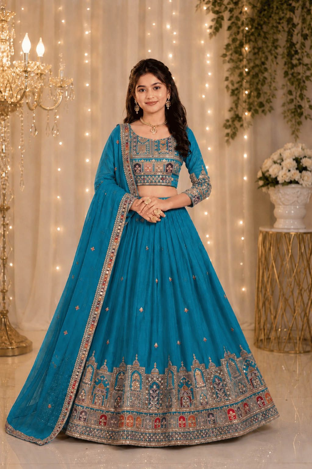 Keyura Chanderi Lehenga Choli Set For Girls ( Pack of 1 , Turquoise ) - Image 2