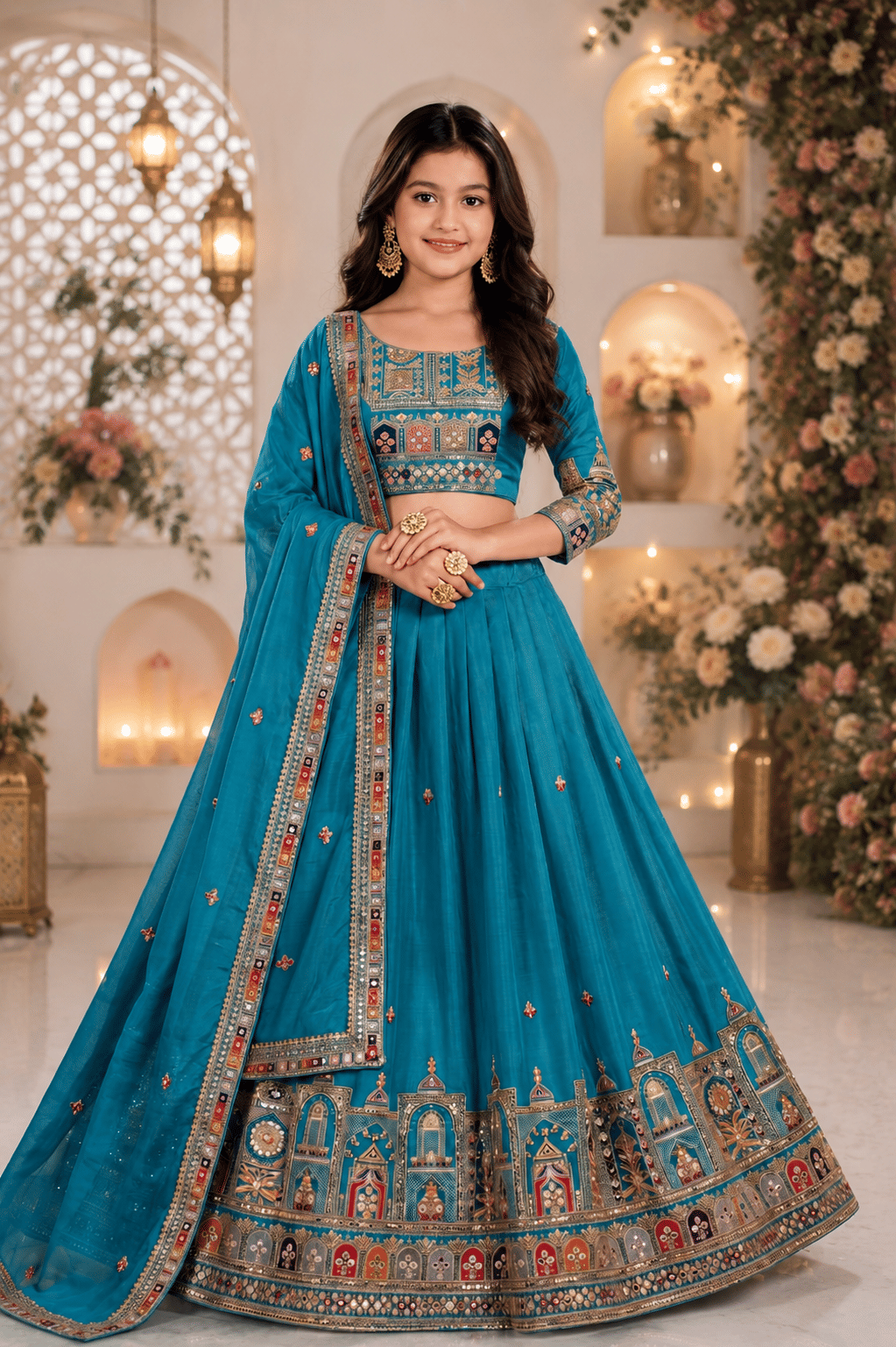 Keyura Chanderi Lehenga Choli Set For Girls ( Pack of 1 , Turquoise ) - Image 3
