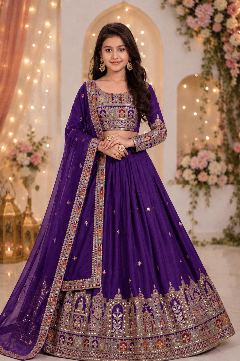 Keyura Chanderi Lehenga Choli Set For Girls ( Pack of 1 , Wine )