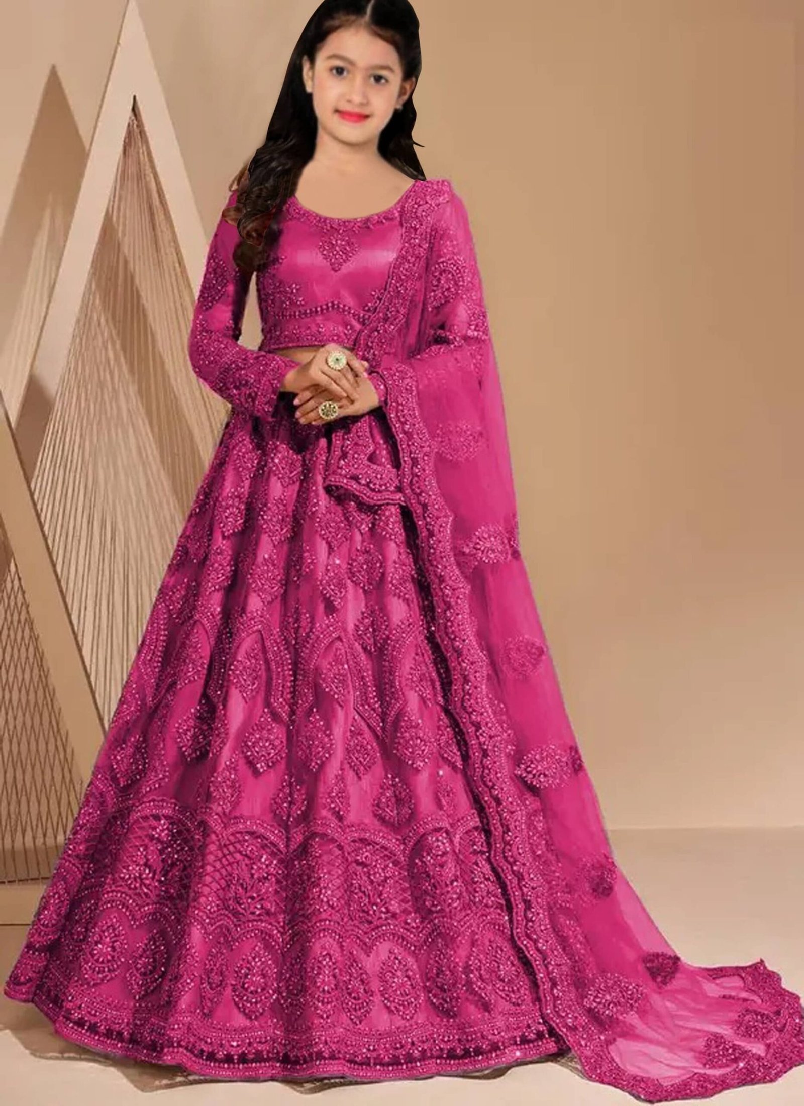 Keyura Net Lehenga Choli Set For Girls ( Pack of 1 , Pink )