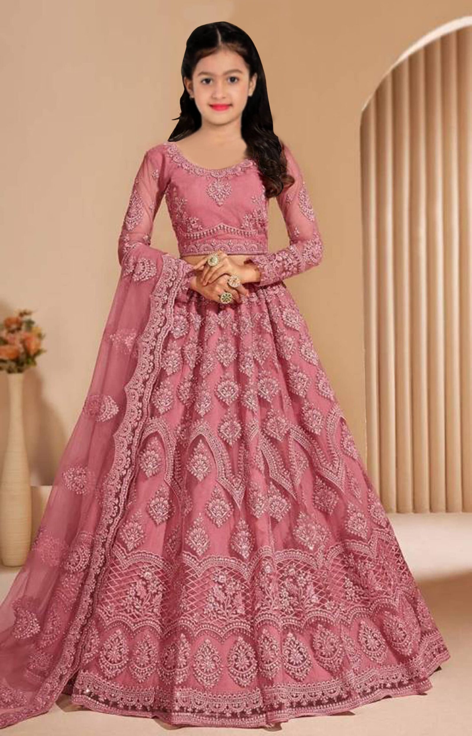 Keyura Net Lehenga Choli Set For Girls ( Pack of 1 , Peach )