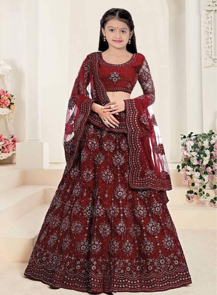 Keyura Net Lehenga Choli Set For Girls ( Pack of 1 , Maroon )