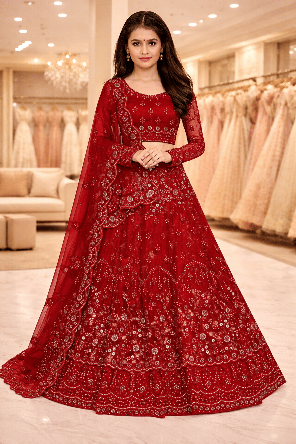 Keyura Net Lehenga Choli Set For Girls ( Pack of 1 , Red )