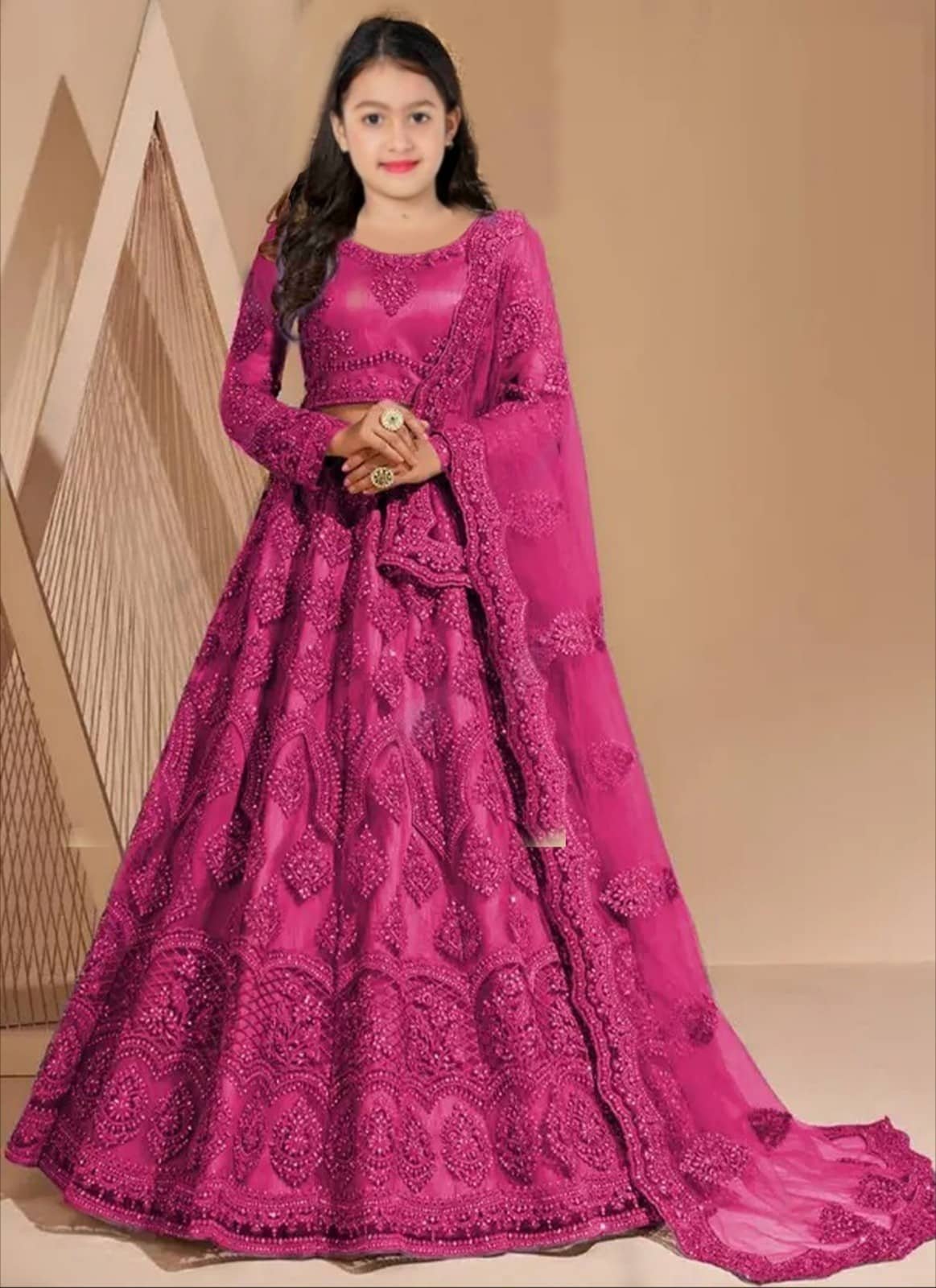 Keyura Net Lehenga Choli Set For Girls ( Pack of 1 , Pink )