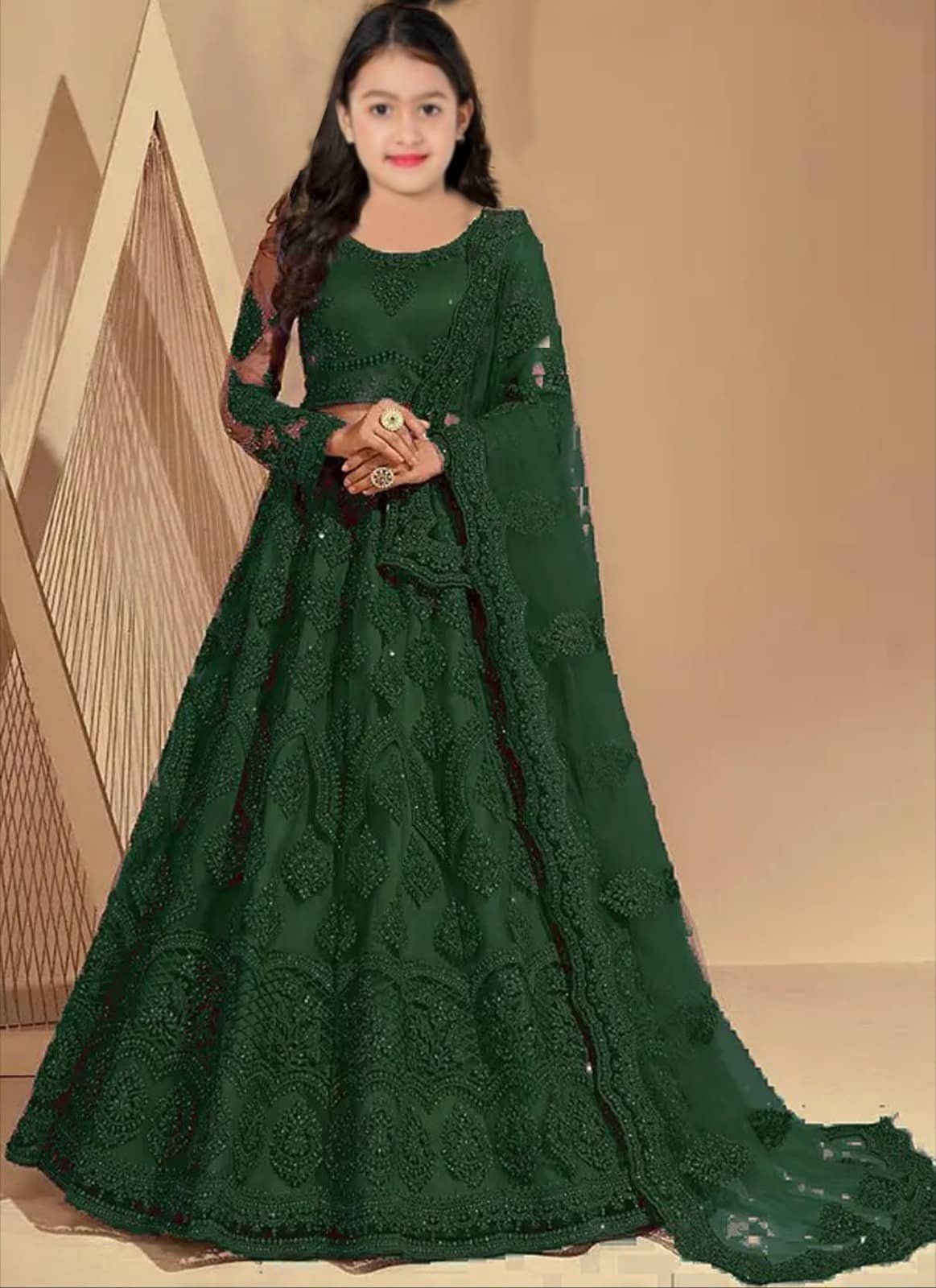 Keyura Net Lehenga Choli Set For Girls ( Pack of 1 , Green )