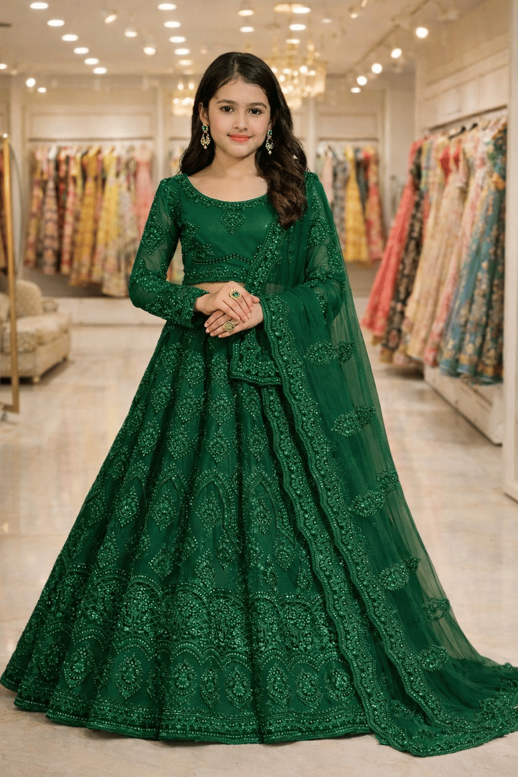 Keyura Net Lehenga Choli Set For Girls ( Pack of 1 , Dark Green )