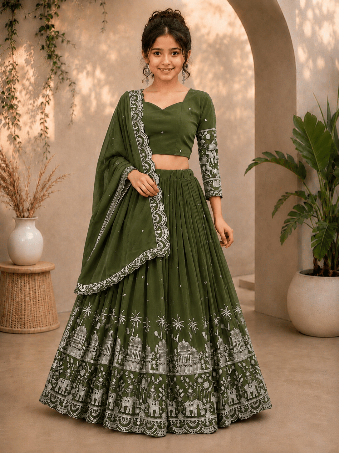 Keyura Silk Lehenga Choli Set For Girls ( Pack of 1 , Green )