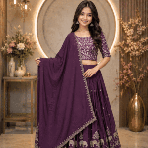 Keyura Silk Lehenga Choli Set For Girls ( Pack of 1 , Wine )