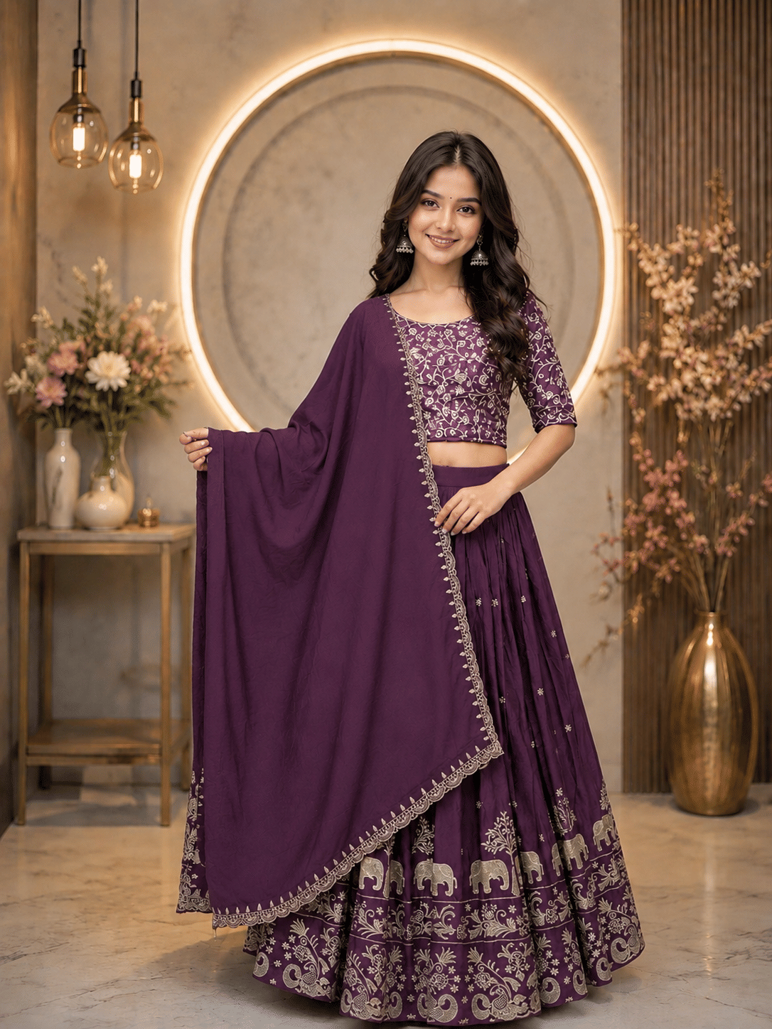 Keyura Silk Lehenga Choli Set For Girls ( Pack of 1 , Wine )