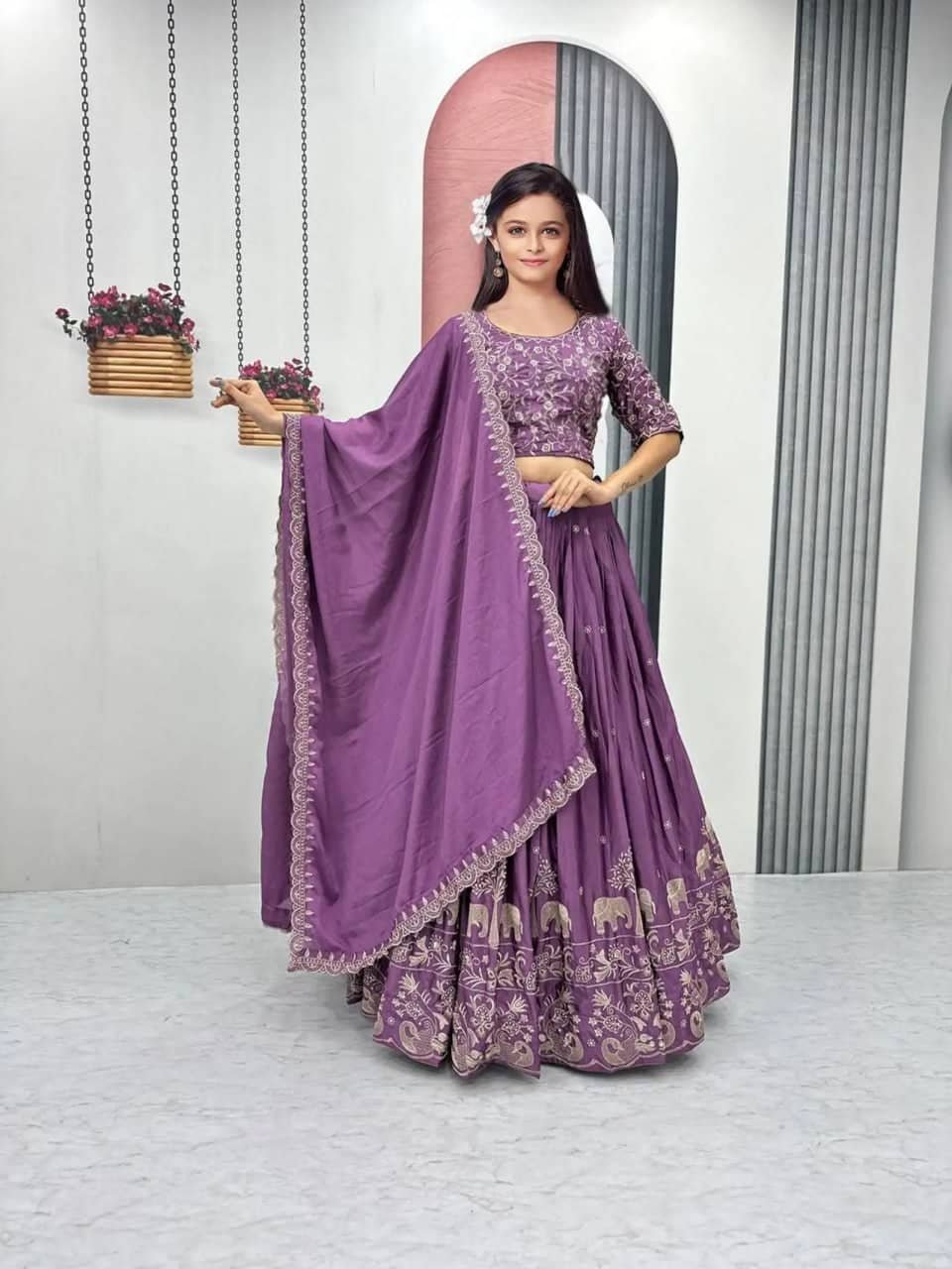 Keyura Silk Lehenga Choli Set For Girls ( Pack of 1 , Purple )