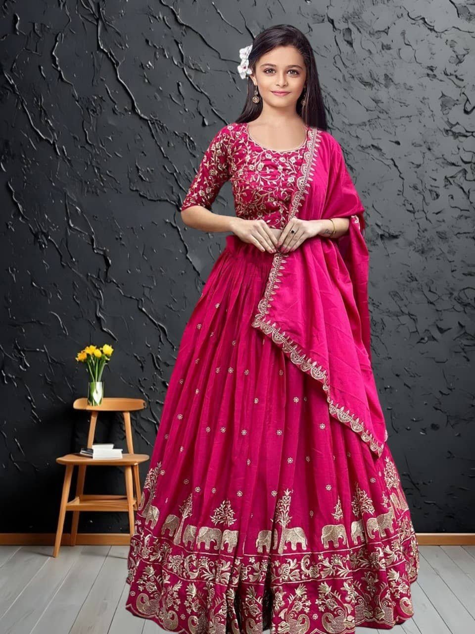 Keyura Silk Lehenga Choli Set For Girls ( Pack of 1 , Light Pink )