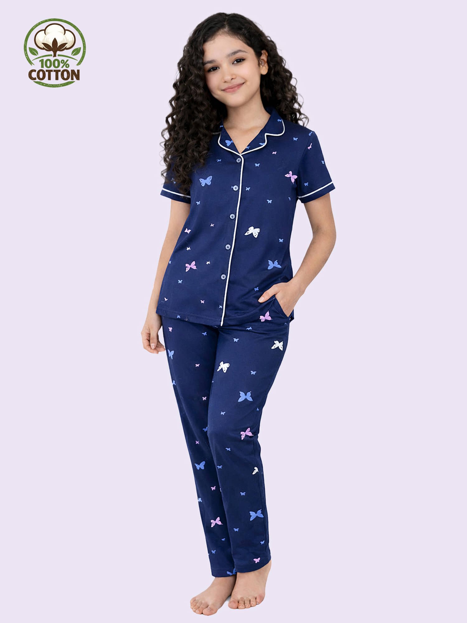 Kuchipoo Pack of 1 Girls Cotton Nightsuit Set ( Navy Blue )