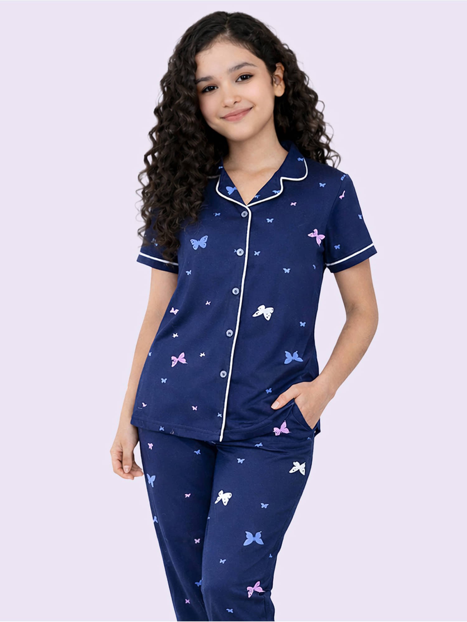 Kuchipoo Pack of 1 Girls Cotton Nightsuit Set ( Navy Blue ) - Image 2