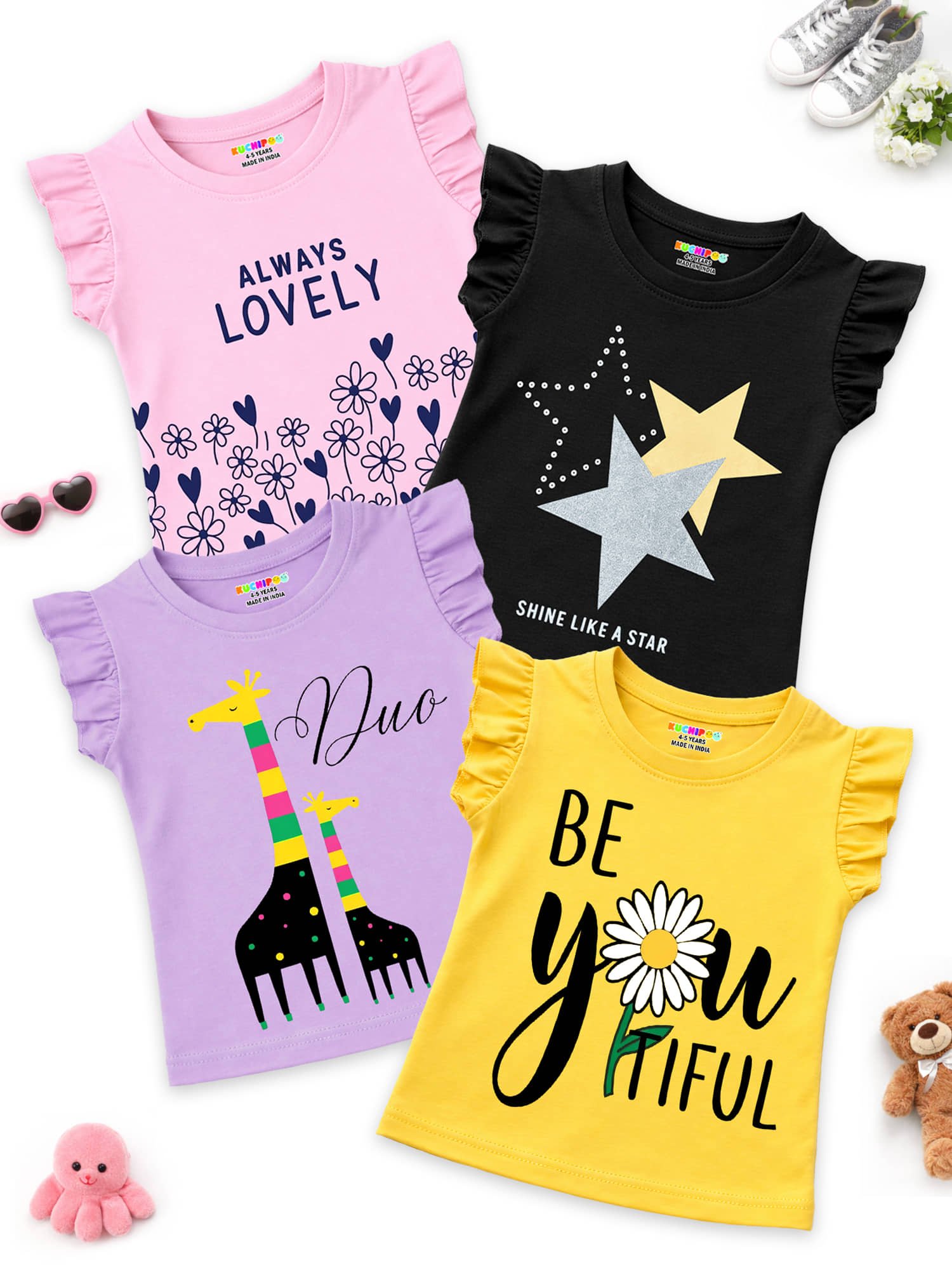 Kuchipoo Pack of 4 Girls Cotton Blend T-Shirt ( Multicolor 1 )