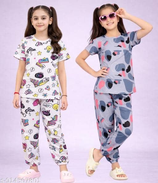 Cotton Blend Printed T-shirt With Trouser Co-Ord Set For Girls ( Multicolor )