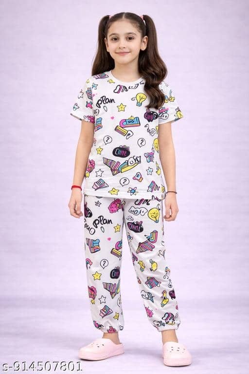 Cotton Blend Printed T-shirt With Trouser Co-Ord Set For Girls ( Multicolor ) - Image 2