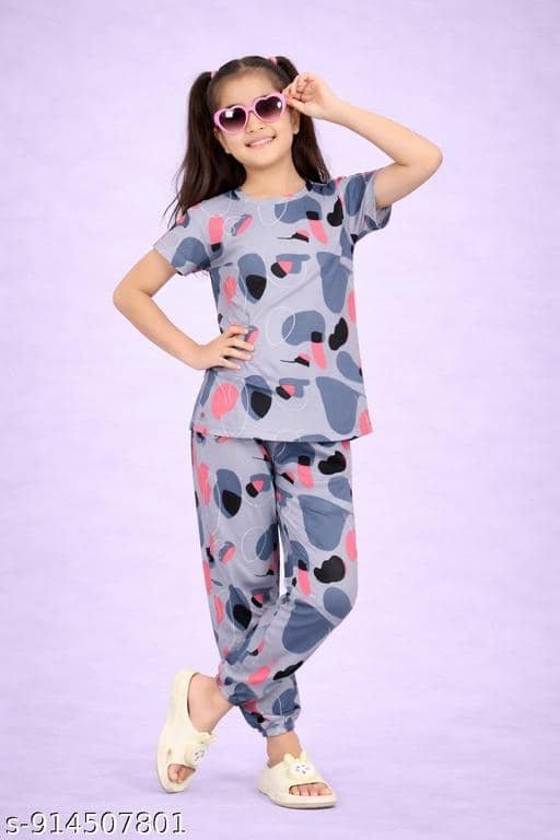 Cotton Blend Printed T-shirt With Trouser Co-Ord Set For Girls ( Multicolor ) - Image 3