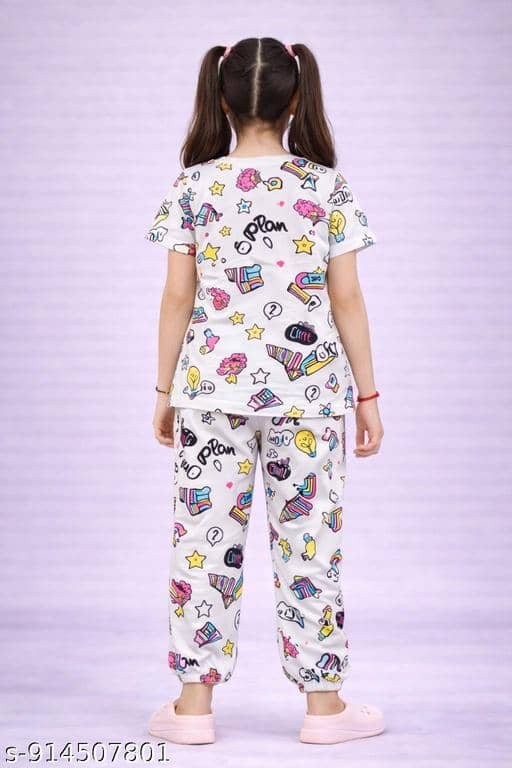 Cotton Blend Printed T-shirt With Trouser Co-Ord Set For Girls ( Multicolor ) - Image 4