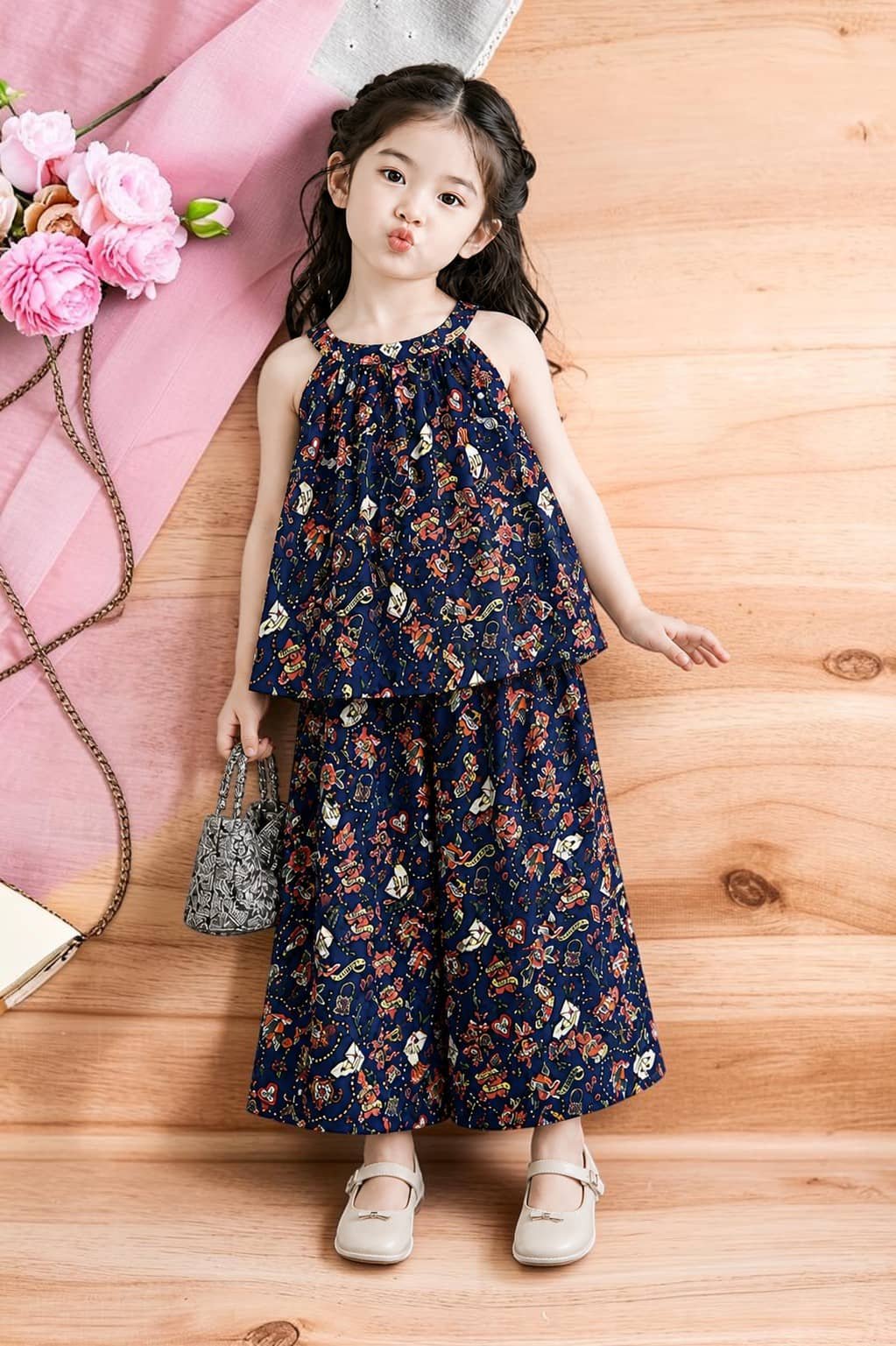 Crepe Printed Top With Palazzo Co-Ord Set For Girls ( Blue )